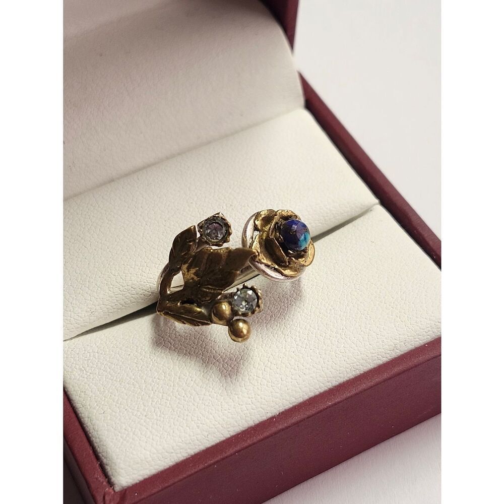 Sterling Silver Ring Gold-Tone Floral Leaves Blue Center Size 7.5 Adjustable